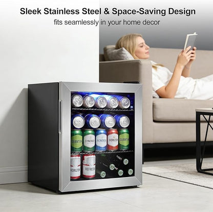 Mini Fridge Cooler - Small Beverage Refrigerator Stainless Steel Glass Door for Soda Beer Wine–Countertop Drink Cooler for Home, Dorm, Office or Bar, Electronic Temperature Control，1.4cu.ft.