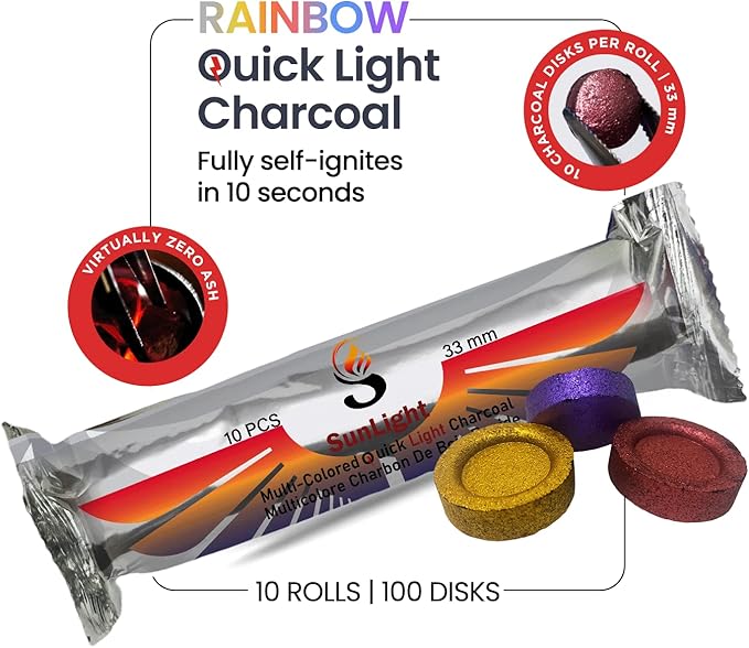 Sunlight Colors - Charcoal Tablets for Incense – Quick Light Charcoal Tablets – Incense Charcoal for Parties – 33 mm Resin Burner Rolls – Pack of 100 Coal Briquettes - No Scent - No Smoke -