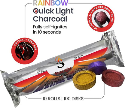 Sunlight Colors - Charcoal Tablets for Incense – Quick Light Charcoal Tablets – Incense Charcoal for Parties – 33 mm Resin Burner Rolls – Pack of 100 Coal Briquettes - No Scent - No Smoke -