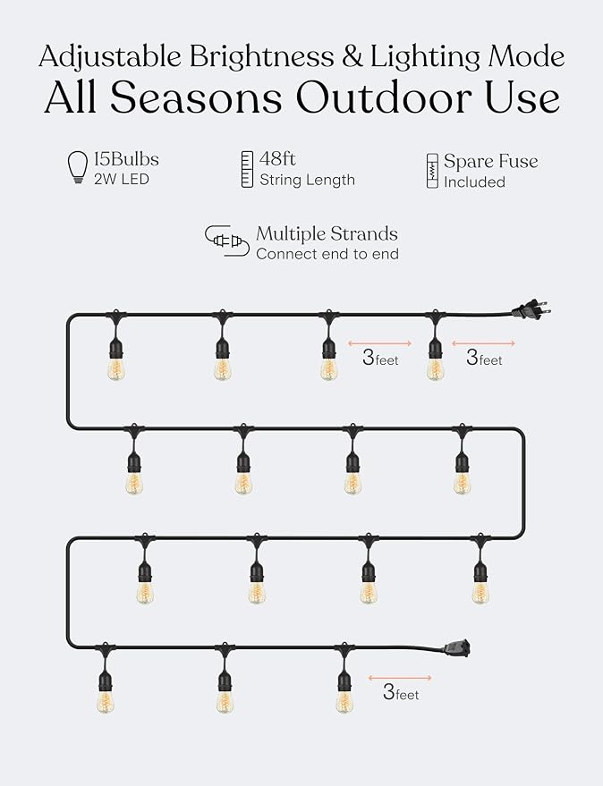 Brightech Ambience Pro - Waterproof LED Outdoor String Lights - 15 Bulbs, Dimmable 2W Vintage Spiral Edison Bulbs - 48 Ft Commercial Grade Patio Lights Cafe Ambience in Your Backyard