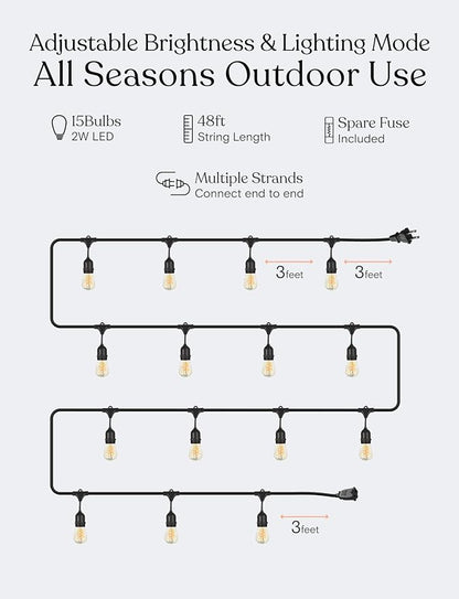 Brightech Ambience Pro - Waterproof LED Outdoor String Lights - 15 Bulbs, Dimmable 2W Vintage Spiral Edison Bulbs - 48 Ft Commercial Grade Patio Lights Cafe Ambience in Your Backyard