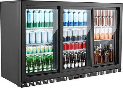 VEVOR Back Bar Cooler, 11.4 Cu.Ft Commercial Beverage Refrigerator, 3 Sliding Glass Doors, Fan Cooling Under Counter Beer Fridge w/LED Lighting, Shelves, Low-E Glass Display for Drinks, Bar, Store
