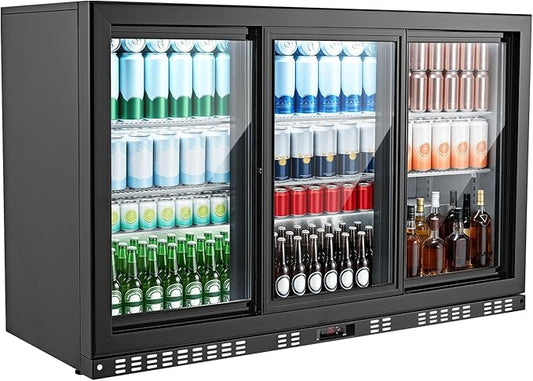 VEVOR Back Bar Cooler, 11.4 Cu.Ft Commercial Beverage Refrigerator, 3 Sliding Glass Doors, Fan Cooling Under Counter Beer Fridge w/LED Lighting, Shelves, Low-E Glass Display for Drinks, Bar, Store