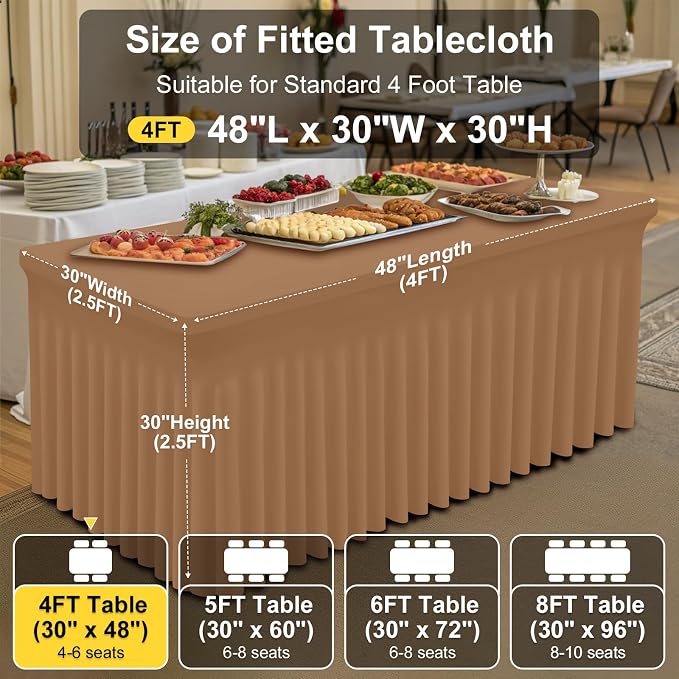 Smiry Spandex Elastic Fitted Table Cloth Skirt for 4FT Rectangle Table | Stretch Washable Table Cloth, Banquet Table Cover for Wedding, Party, Indoor & Trade Shows, (Khaki, 48Lx30Wx30H)