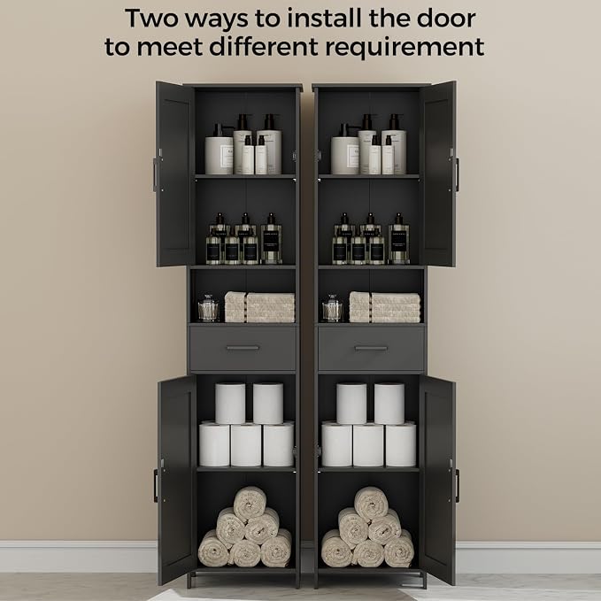 Homhedy 67" H Tall Bathroom Storage Cabinet with Barn Doors and Drawer | Narrow Storage Unit with Adjustable Shelves, Floor Cabinet for Bathroom, Living Room, Entryway or Kitchen, Black, 15.7" W
