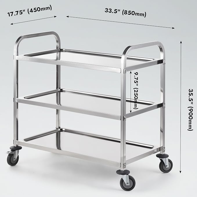 Stainless Steel Serving Trolley, 34" L x 18" W x 36" H 3 Tiered Shelf Kitchen Utility Cart, Rolling Casters Brake Wheel, Commercial Pro for Restaurant/Hotel/Lab/Clinic/Salon/Workshop
