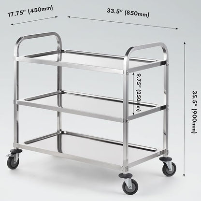Stainless Steel Serving Trolley, 34" L x 18" W x 36" H 3 Tiered Shelf Kitchen Utility Cart, Rolling Casters Brake Wheel, Commercial Pro for Restaurant/Hotel/Lab/Clinic/Salon/Workshop