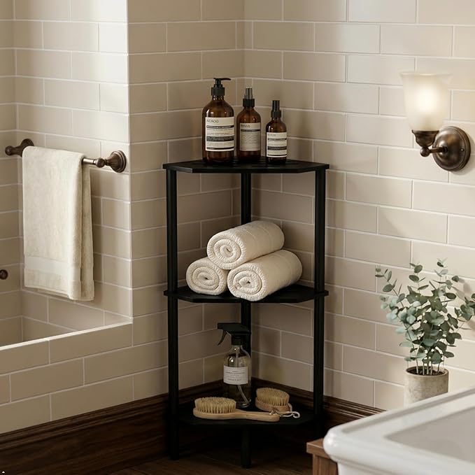 Black Corner Shelf, 3 Tier Bamboo Corner Bookshelf, Display Shelf, Corner Bathroom Shower Caddy, Toilet Paper Stand, Indoor Plant Stand Balcony, Storage Organizer Cabinet for Kitchen, Living Room