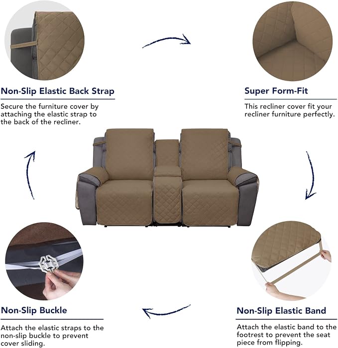 PureFit Water Resistant Reversible Loveseat Recliner Cover for Double | Double with Console, Non Slip Split Sofa Cover, Washable Reclining Cover, Camel/Ivory