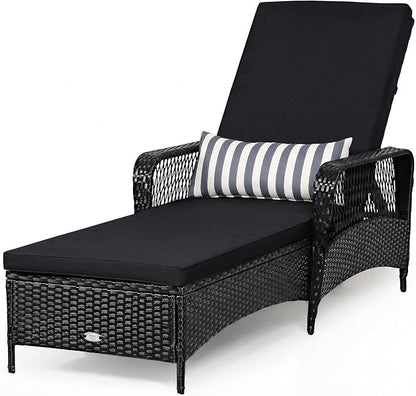 COSTWAY PE Rattan Chaise Lounge Chair, 6 Gear Adjustable Recliner with Armrest & Pillow, Wicker Outdoor Furniture for Deck, Patio (1, Black+White)