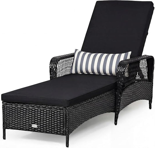 COSTWAY PE Rattan Chaise Lounge Chair, 6 Gear Adjustable Recliner with Armrest & Pillow, Wicker Outdoor Furniture for Deck, Patio (1, Black+White)