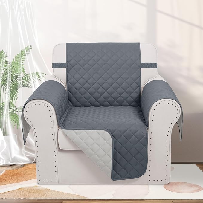 Reversible Recliner Chair Covers, 23" Chair, Dark Blue/Grey | Chair Covers for Living Room with Elastic Straps, Water Repellent, Chair Protectors Covers for Dogs