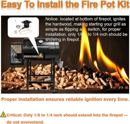 Heavy Duty Porcelain Enamel Fire Burn Pot Replacement Kit with Ignitor Rod and Ash Scraper, Fits Traeger (Except PTG) & Most Pit Boss Pellet Grills, Heavy-Duty 14-Gauge Steel, 200W/120V