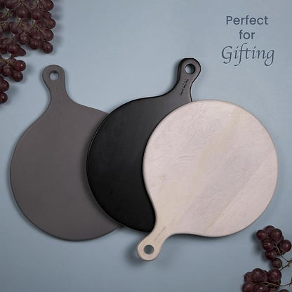 The Fine Living Co. Black Charcuterie Board, Round Paddle Board with Long Handle, Mango Wood Serving Platter for Meat, Pizza, Bread, Food-Grade Wooden Serving Trays, 16"x12", 0.6" Thick