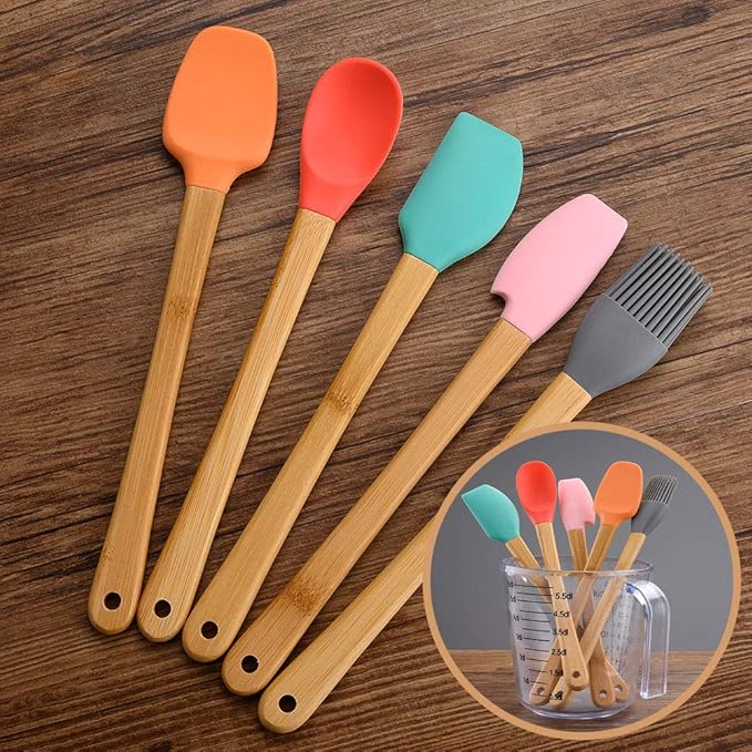 5 Piece Silicone Spatula,Mini Rubber Spatula Wooden Handle,Heat Resistant Silicone Spatula Set,Kitchen Utensils Non-Stick For Baking,Cooking And Mixing