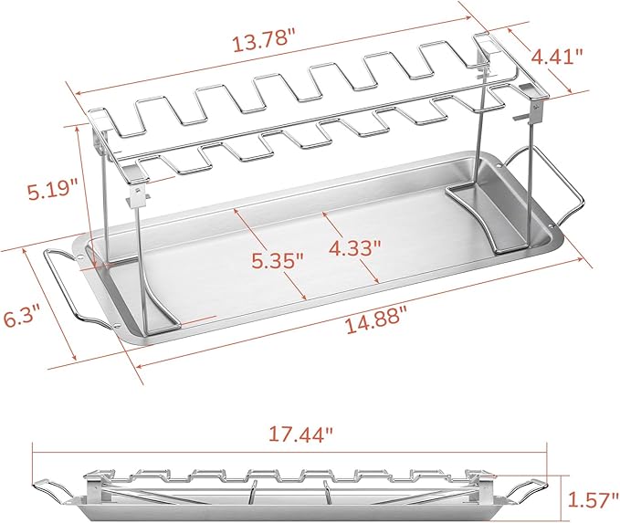 G.a HOMEFAVOR 14-Slot Chicken Leg Rack for Grill & Wings - Premium Stainless Steel Foldable Roasting Rack with Detachable Drip Pan, Dishwasher-Safe BBQ Accessories for Oven, Grill, Camping, Parties