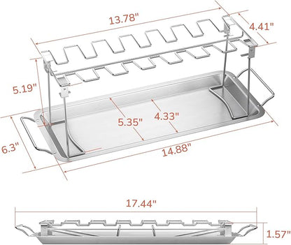 G.a HOMEFAVOR 14-Slot Chicken Leg Rack for Grill & Wings - Premium Stainless Steel Foldable Roasting Rack with Detachable Drip Pan, Dishwasher-Safe BBQ Accessories for Oven, Grill, Camping, Parties