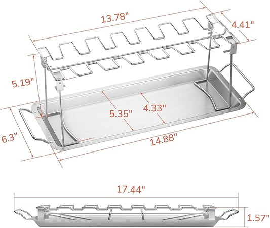 G.a HOMEFAVOR 14-Slot Chicken Leg Rack for Grill & Wings - Premium Stainless Steel Foldable Roasting Rack with Detachable Drip Pan, Dishwasher-Safe BBQ Accessories for Oven, Grill, Camping, Parties