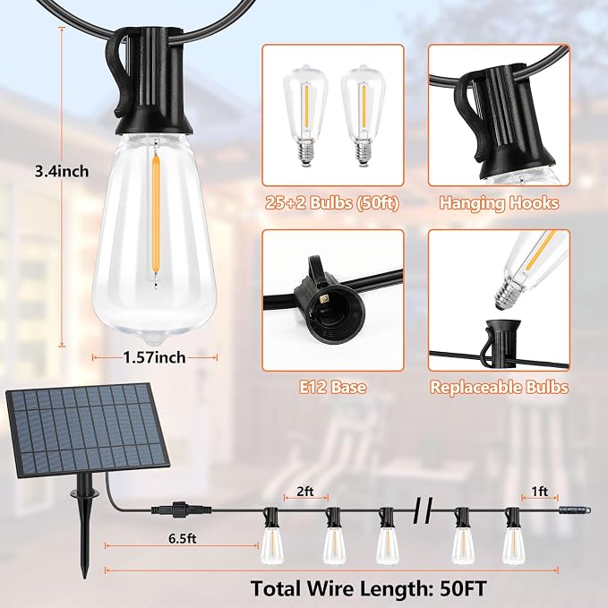 50 FT Solar Powered Outdoor String Lights with 26 Shatterproof Edison Bulbs | Solar String Lights for Outside, Dimmable Patio Lights Waterproof with Remote Timer for Wedding Backyard(Warm White)