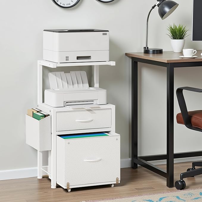 HIGDBFE Filing Cabinet with 2-Tier Printer Shelves, 2 Fabric Drawers File Cabinet with Reversible Side Bag&File Drawer, Printer Stand with Storage for Home Office, White, 16.5" W