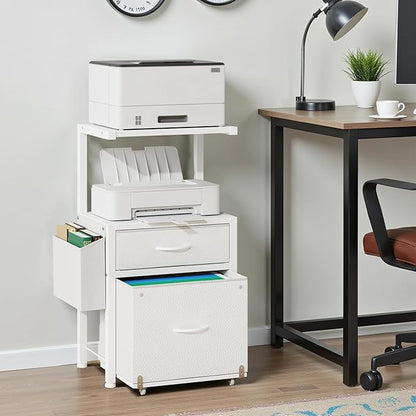 HIGDBFE Filing Cabinet with 2-Tier Printer Shelves, 2 Fabric Drawers File Cabinet with Reversible Side Bag&File Drawer, Printer Stand with Storage for Home Office, White, 16.5" W