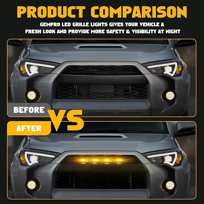 x xotic tech 4pcs Smoked LED Front Grille Marker Light w/Wiring Harness Compatible with Toyota 4Runner 2014-2024 TRD Pro Grille, 2014-2019 SR5 Premium Limited, TRD Off-Road (Amber Light)