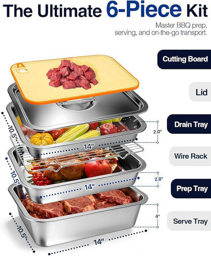 Pro 6 in 1 Grill Prep Tray and Carry System, Large Grilling Prep and Serve Tays with Lid and Cutting Board, Deep Meat Marinating Container as BBQ Grilling Gift, Pro Series, L
