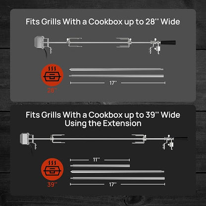 TURBRO Stainless Steel Rotisserie Kit for Gas Grills with A Cookbox up to 39’’ - Includes 4W Electric Motor, 34’’ - 45’’ × 5/16" Square Spit Rod, Meat Forks, Counterweight - for Outdoor BBQ