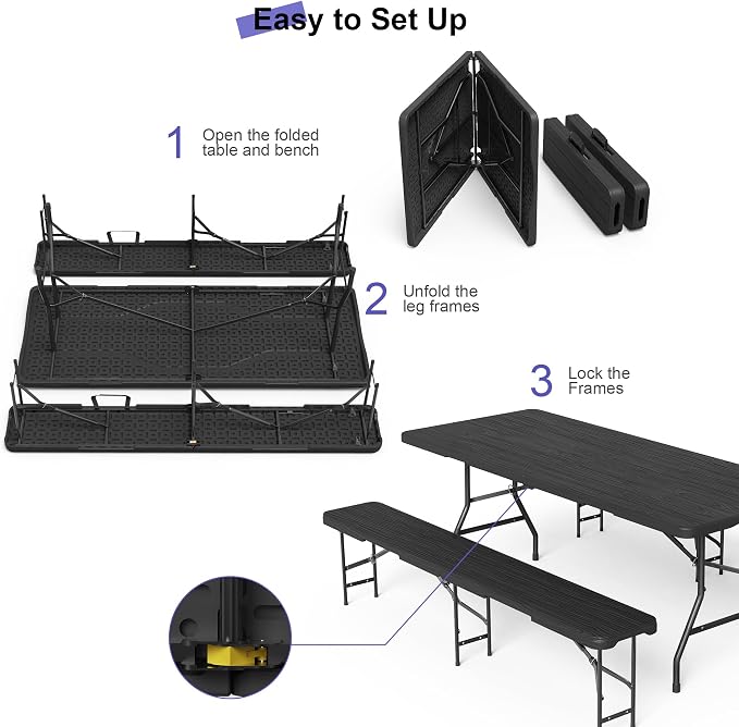 VSOAEIL 6 Foot Folding Picnic Table Set with 2 Benches, HDPE Tree Pattern Top, 3-Piece Portable Indoor Outdoor Furniture with Safety Locks & Handle for Party Camping, Black