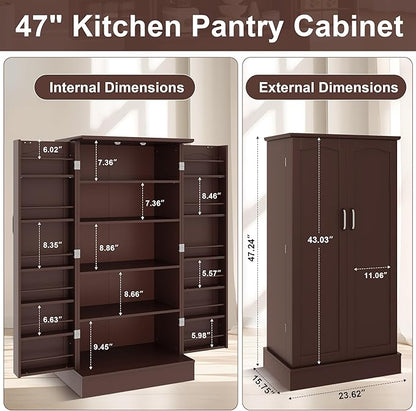 kepptory 47” Pantry Cabinet, Kitchen Pantry Storage Cabinet with Doors & Adjustable Shelves, Brown Freestanding Buffet Cupboards Sideboard for Living Room and Dinning Room, Sturdy and Durable
