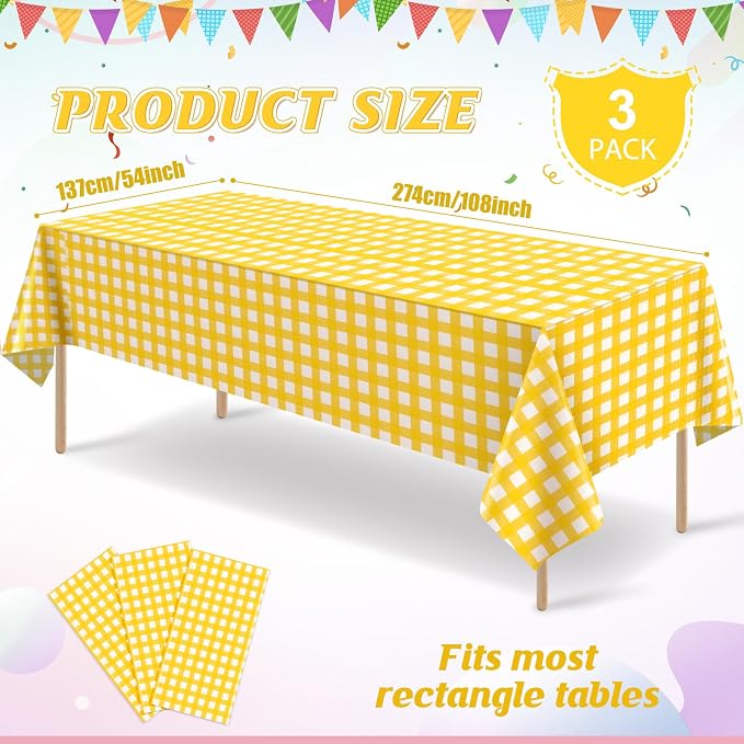 3 Pcs Yellow Gingham Tablecloths, Checkered Party Table Covers 54x108 Inch | Yellow and White Checkered Tablecloths, Disposable Waterproof for Summer Picnic Camping Barbecue Birthday Party