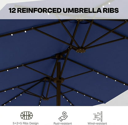 15ft Large Patio Umbrella with Solar Lights and Base, Double-Sided Outdoor Rectangle Umbrella with 48 LED Lights, Market Table Umbrellas with UV Resistant Canopy