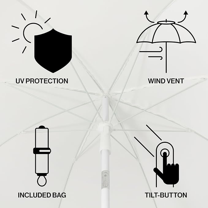 JONATHAN Y Horizon 6.5 ft. Scalloped Fringe Beach Umbrella, White | UV 50 Sun Protection, Push Button Tilt, Matching Carry Bag, Iron Pole, Wind Vent, 8 Fiberglass Ribs, Pointed End, Black Trim