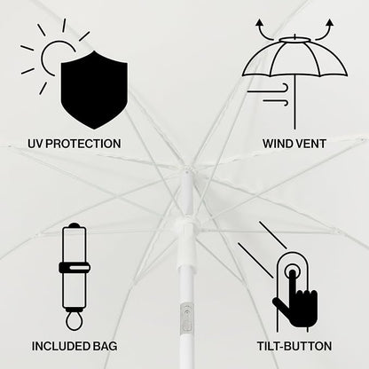 JONATHAN Y Horizon 6.5 ft. Scalloped Fringe Beach Umbrella, White | UV 50 Sun Protection, Push Button Tilt, Matching Carry Bag, Iron Pole, Wind Vent, 8 Fiberglass Ribs, Pointed End, Black Trim