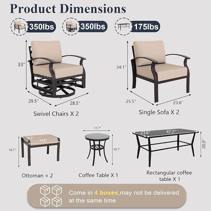 ALAULM Aluminum Patio Furniture Set with Coffee Table Rectangular, 6-seat Outdoor Sectional Furniture w/Swivel Chairs and 2 Ottomans, Patio Conversation Set for Porch, Backyard, Poolside-Sand