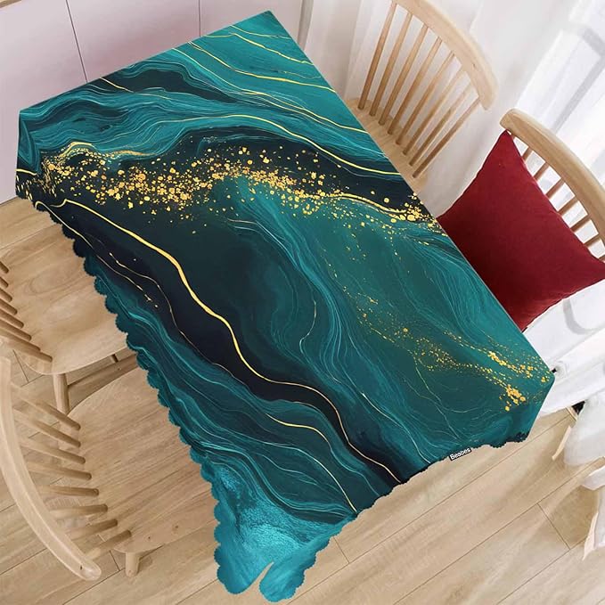 Tablecloth Marble Green, Abstract Liquid Marble Gold Green Rectangular Table Cover Kitchen Table Cloth for Dining Hotel Coffee Parties Tabletop Decoration, 52x70 Inch