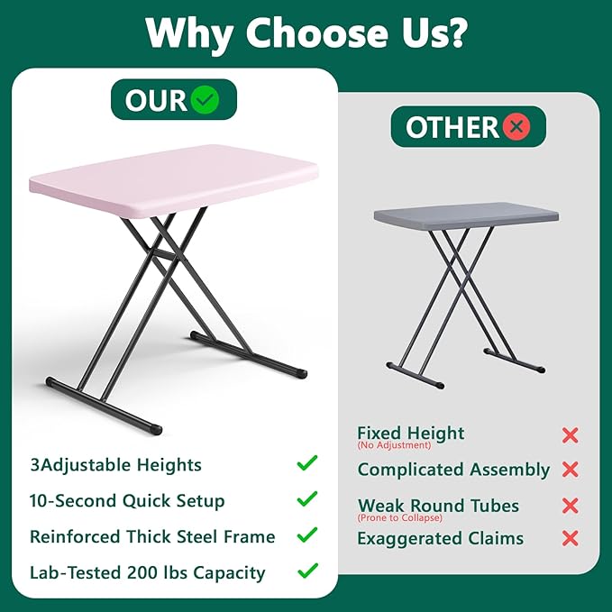 Folding Table 30 Inch - Small Desk Adjustable Height TV Tray for Laptop, Couch, Camping - Heavy Duty Utility Foldable Table for Small Spaces, No Assembly Required, Granite (Pink)