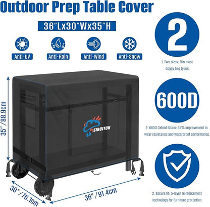 SIRUITON Outdoor Bar Cart Cover for 36 Inch Portable Outdoor Table, Heavy Duty 600D Oxford Fabric Outdoor Waterproof BBQ/Worktable Metal Movable Table Cover