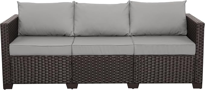 WAROOM Patio Couch PE Rattan 3-Seat Outdoor Sofa Brown Wicker Furniture Set Deep Seating with Anti-Slip Grey Cushion