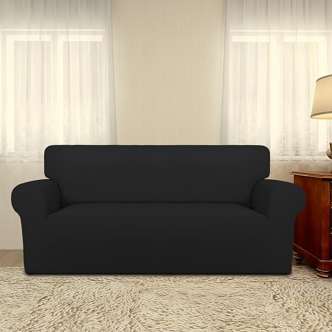 PureFit Super Stretch Sofa Slipcover – Spandex Non Slip Soft Couch Sofa Cover, Washable Furniture Protector with Non Skid Foam and Elastic Bottom for Kids, Pets (Oversized Loveseat, Black)