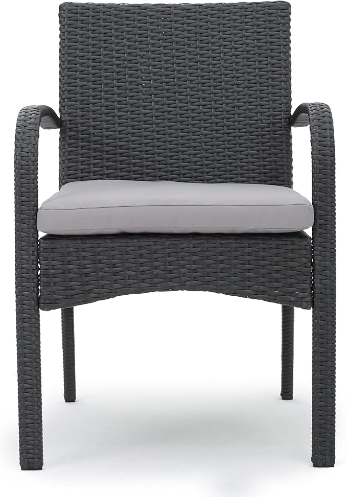 Christopher Knight Home Louise Outdoor Wicker Dining Set with Acacia Wood Table and Bench and Water Resistant Cushions, 6-Pcs Set, Sandblast Light Grey / Black Rustic Metal / Grey / Grey Cushions