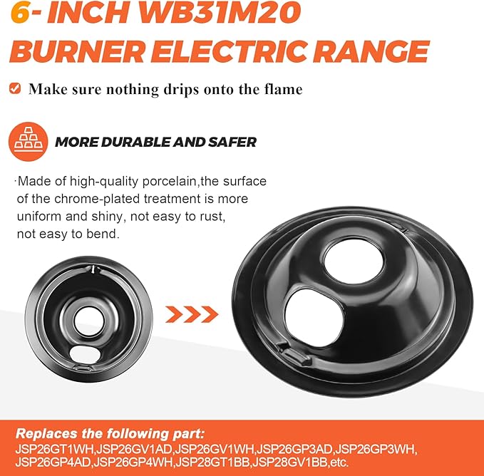 WB31M19 WB31M20 Porcelain Drip Pan Bowls - Includes 1 Pack 8-Inch WB31M19 and 3 Pack 6-Inch WB31M20 - Replacement for Ken-more GE Hotpoint Burner Electric Range