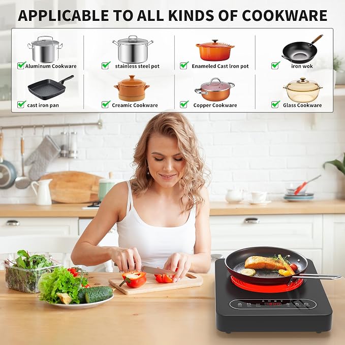 GIHETKUT Single Burner Electric Cooktop,110V 1800W Electric Stove Top with LED Touch Control,10 Power Levels, 4 hTimer, Safety Lock,single electric burner Overheat protection