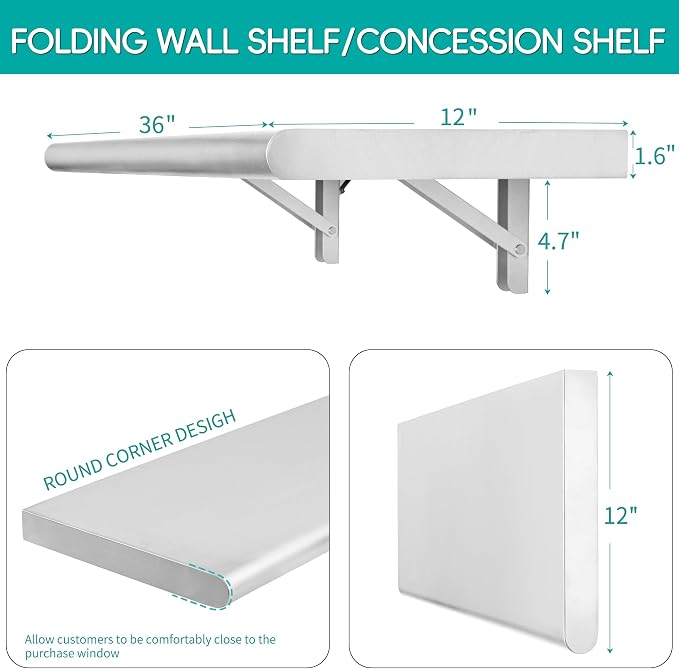 Concession Shelf 36"L x 12"W，22 gauge ASTM 304 Stainless Steel Folding Serving Food Shelf ，Wall Mount Shelving , Stainless Steel Shelf For Food Truck, grill area,BBQ working table, Restaurant .NSF