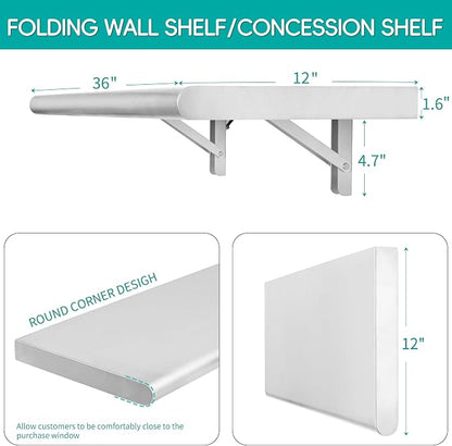 Concession Shelf 36"L x 12"W，22 gauge ASTM 304 Stainless Steel Folding Serving Food Shelf ，Wall Mount Shelving , Stainless Steel Shelf For Food Truck, grill area,BBQ working table, Restaurant .NSF