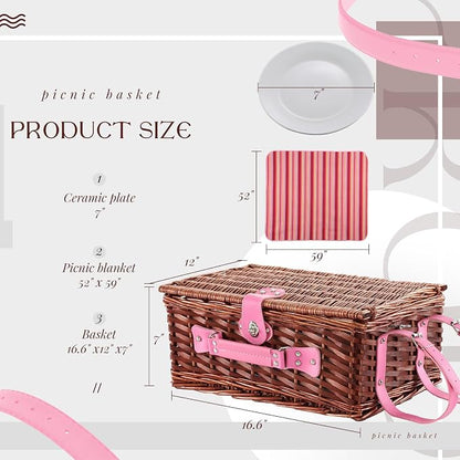 Wicker Picnic Basket Set for 4, Blanket, Cooler Bag, Pink Stripes | Four-Person Wicker Set Includes Tableware, Insulated Food Storage and Waterproof Blanket for Parks, Camping, Dates and Gifts