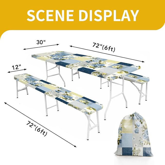 Picnic Table Cover with Bench Covers, 72 X 30 Inch Elastic Fitted Camping Tablecloth with Strap Design for 6FT Rectangle Tables, Windproof Outdoor Tablecloth Set with Storage Bag