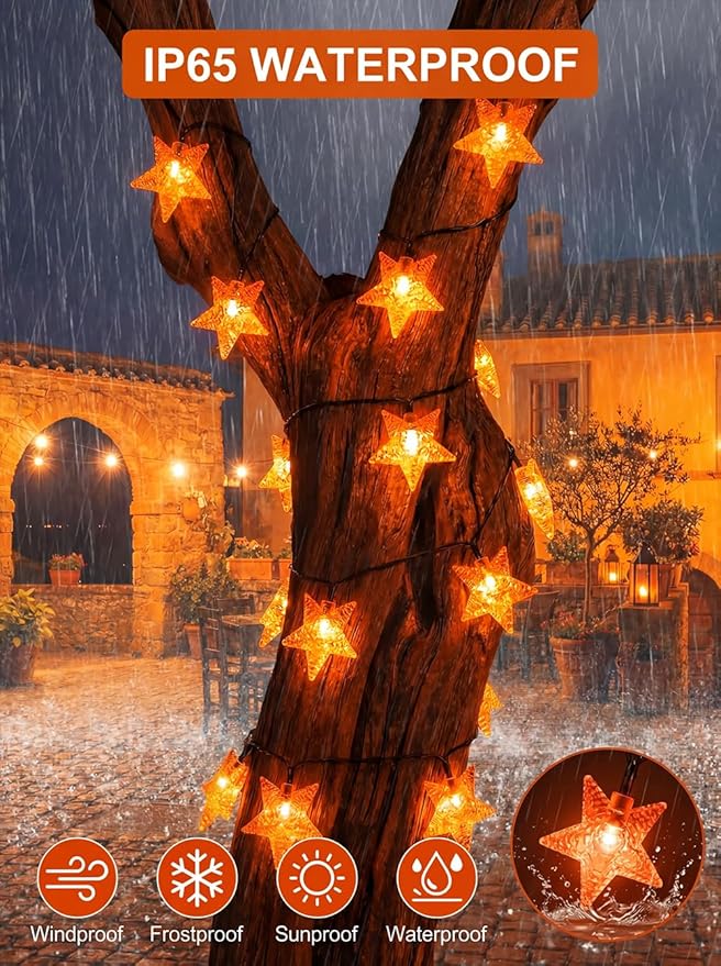 Solar Twinkle Star String Lights Outdoor Indoor Waterproof 39FT 100 LED Solar Powered Fairy Lights with 8 Lighting Modes Thanksgiving Decor for Camping Tree Party Yard Wedding Garden Orange