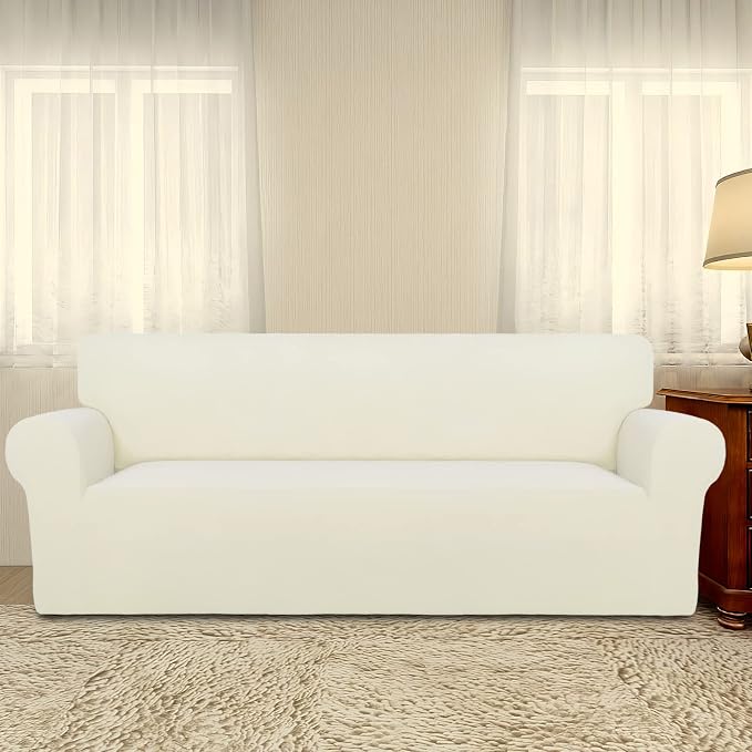 PureFit Stretch Oversized Couch Covers Fleece Sofa Slipcovers Ivory | 1-Piece Sofa Cover Washable Soft Couch Protector, Couch Slipcover with Non Skid Foam and Elastic Bottom for Kids, Dogs