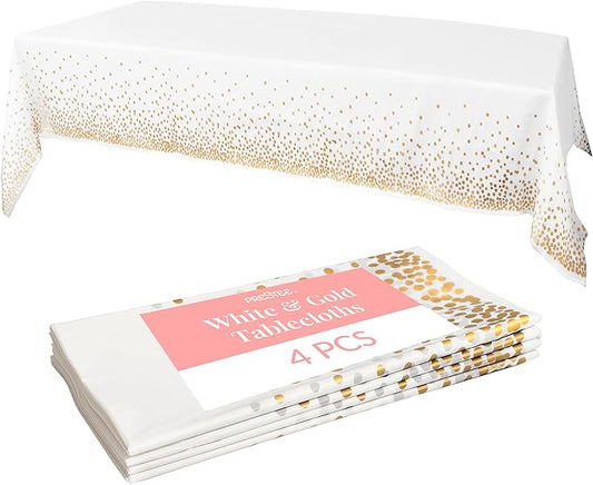 Prestee White and Gold Tablecloths, 4pk, 54x108 Inches - Party Table Cloths Disposable - Gold Dot Disposable Tablecloths - Plastic Table Cloth - Engagement Party Decorations, Baptism Decorations